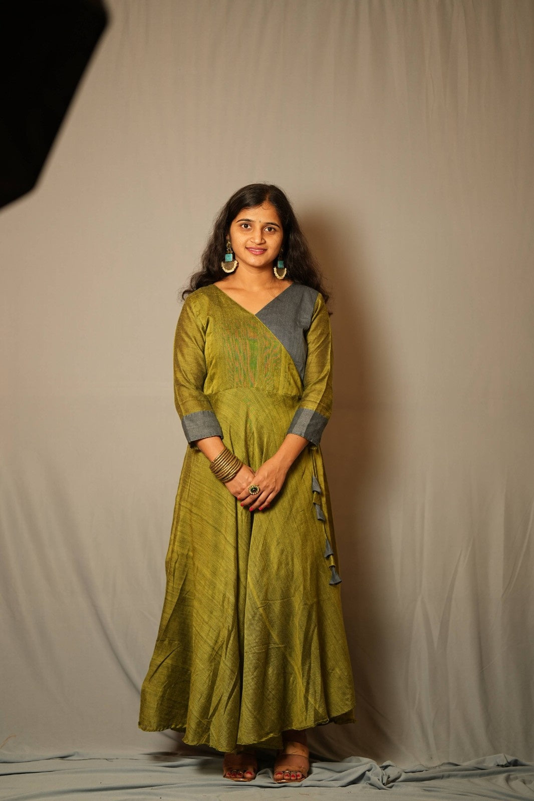 Suvarna - Angrakha dress in Khadi cotton in green with grey contrast