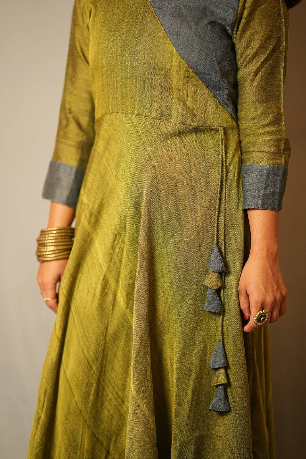 Suvarna - Angrakha dress in Khadi cotton in green with grey contrast
