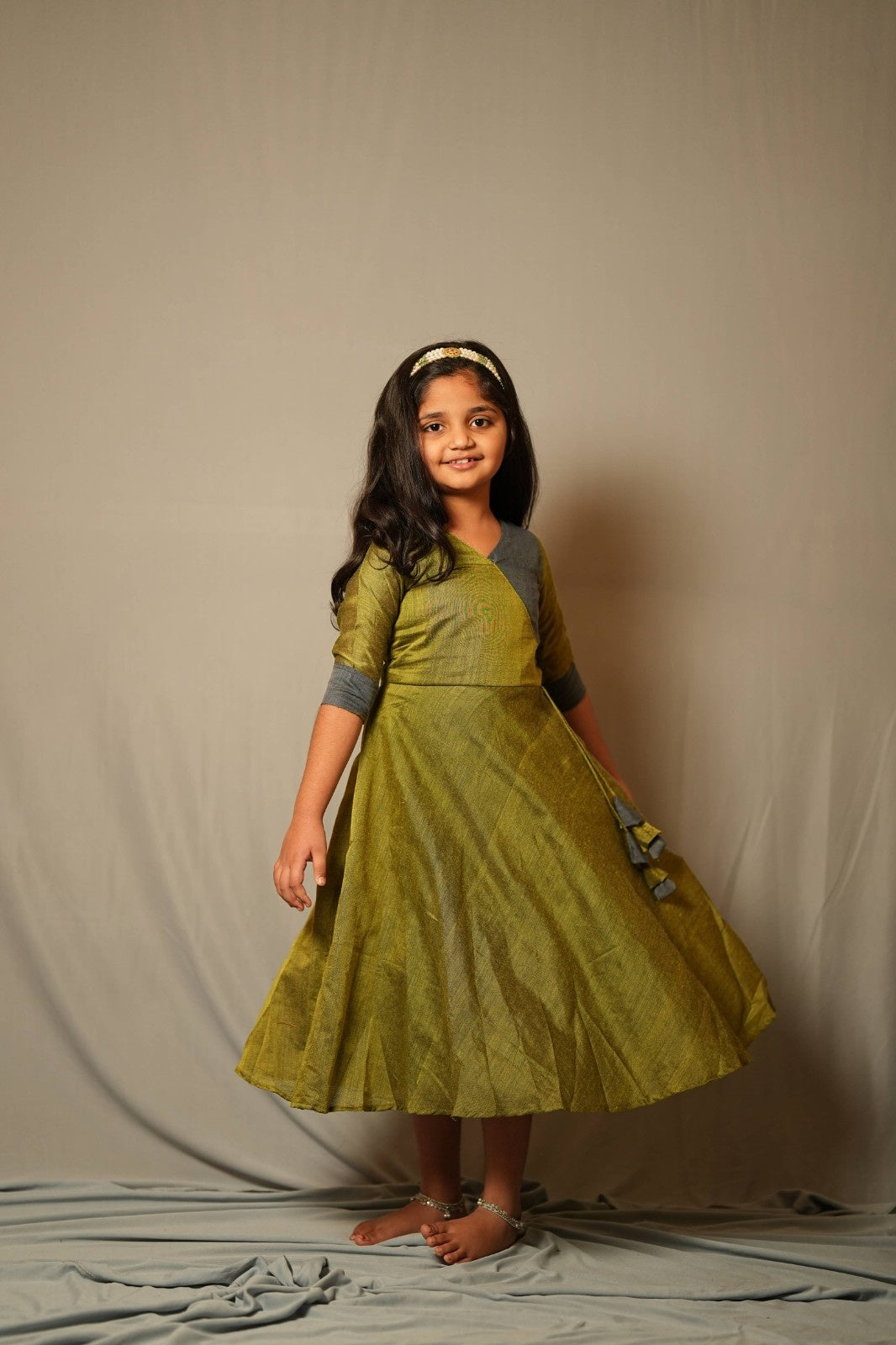 Suvarna - Angrakha dress in Khadi cotton in green with grey contrast