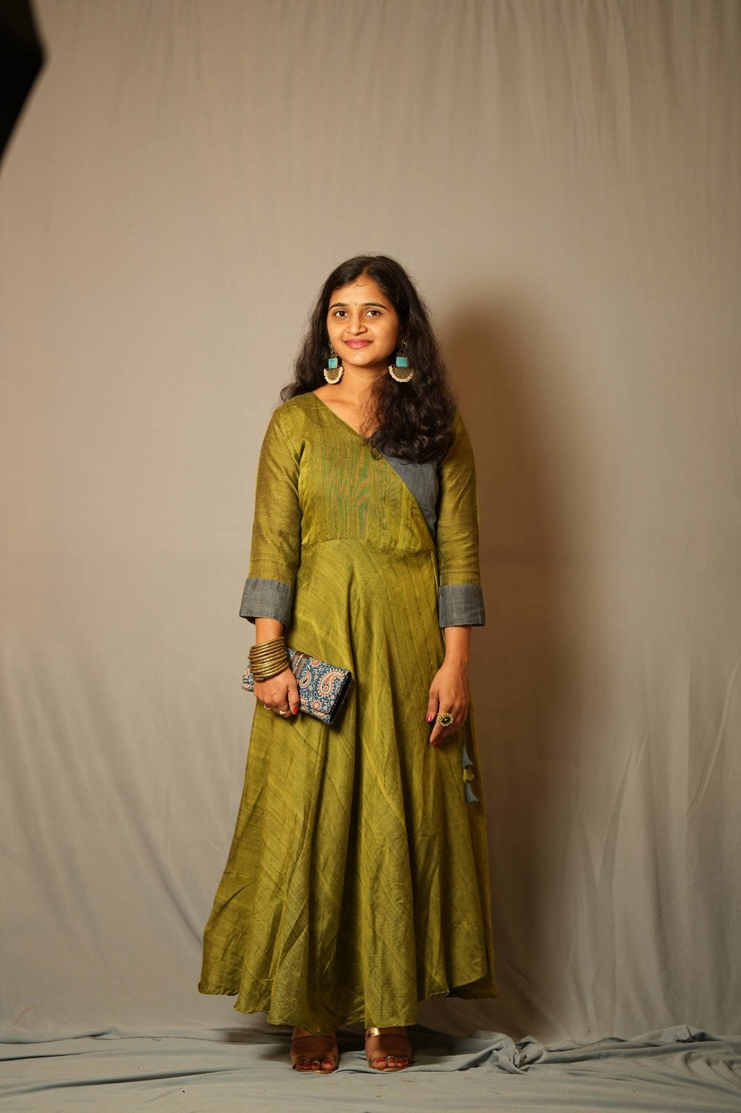 Suvarna - Angrakha dress in Khadi cotton in green with grey contrast