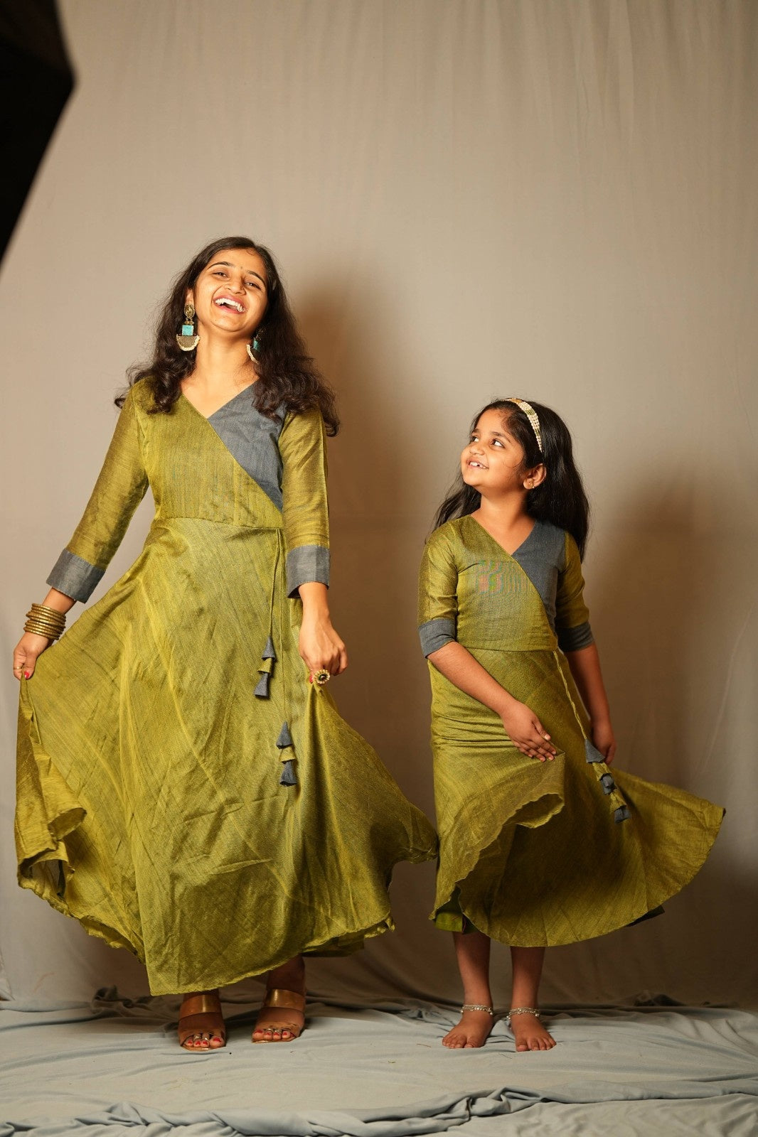 Suvarna - Angrakha dress in Khadi cotton in green with grey contrast