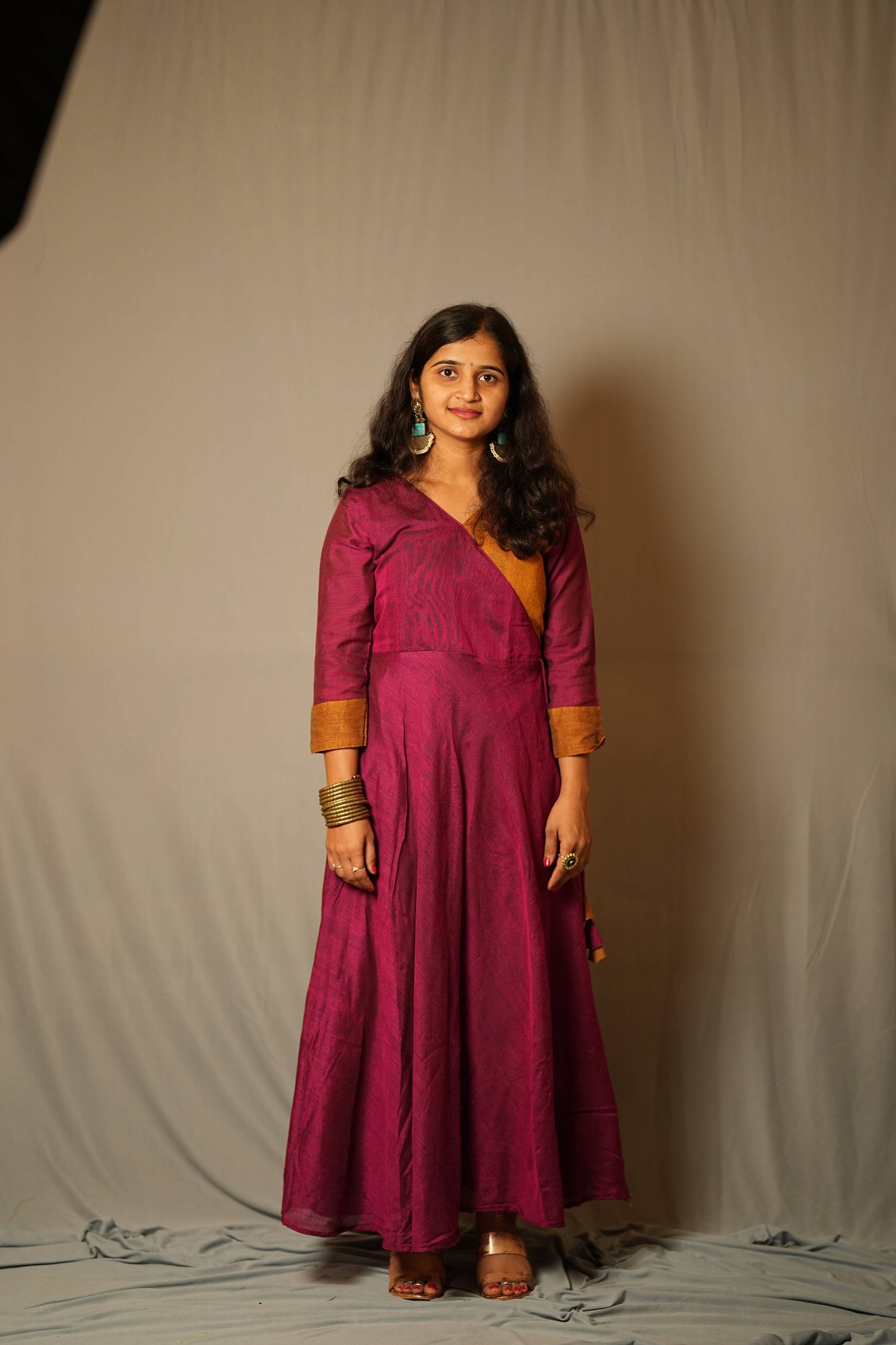 Suvarna - Angrakha dress in Khadi cotton in pink with mustard contrast
