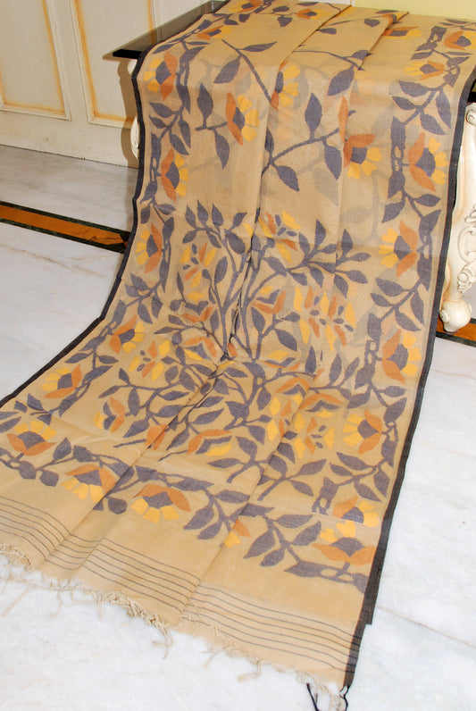 Bengal's Pride Premium Hand Woven Jangla Jaal Work Cotton Dhakai Jamdani Saree in Dark Beige, Sienna Brown, Yellow and Black Thread Work