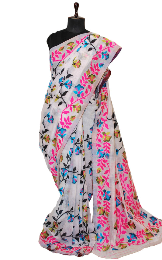 Floral Nakshi Jaal Work Traditional Soft Jamdani Saree in White and Multicolored