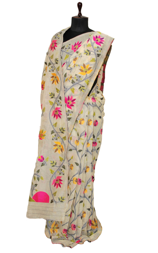 Tantuja Inspired Traditional Soft Jamdani Saree in Off White and Multicolored
