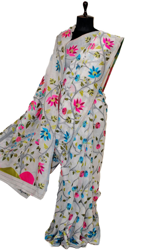 Tantuja Inspired Traditional Soft Jamdani Saree in Daisy White and Multicolored