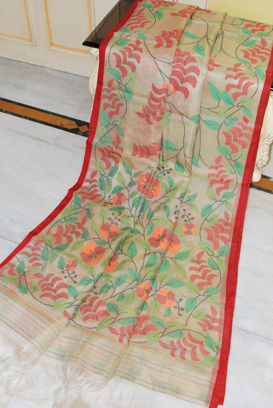 Bengal's Pride Premium Hand Woven Jangla Jaal Work Muslin Silk Dhakai Jamdani Saree in Beige, Red and Multicolored Thread Work