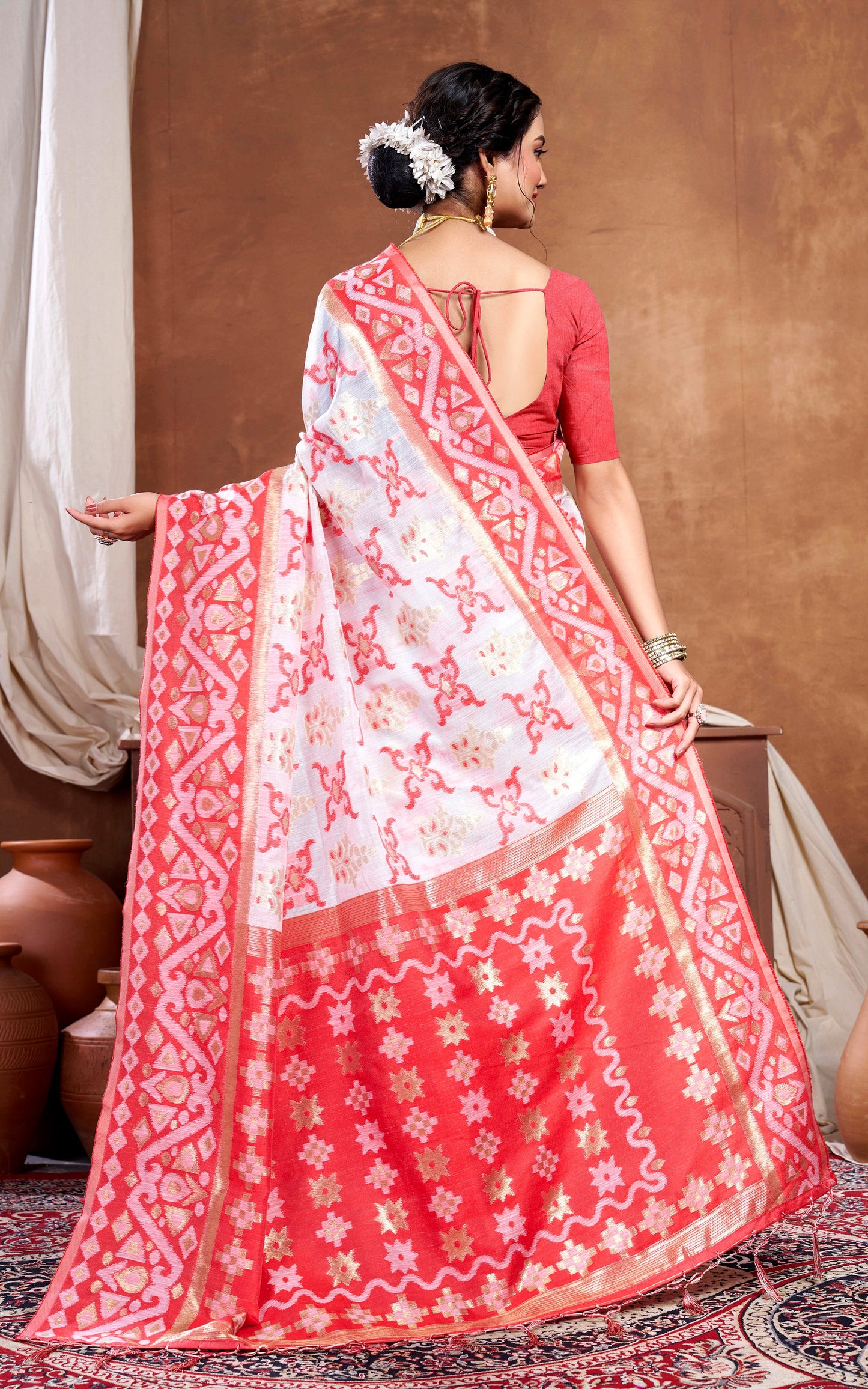 Traditional Skirt Nakshi Work Soft Jamdani Saree in Off White, Red and Golden
