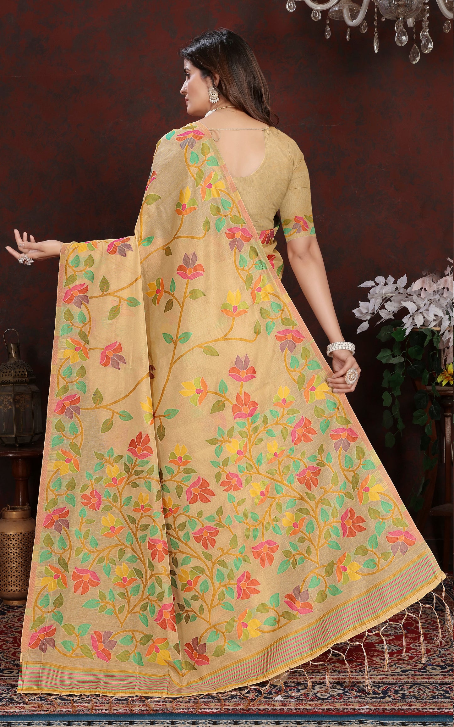 Tantuja Inspired Traditional Soft Jamdani Saree in Warm Beige, Golden and Multicolored Nakshi Thread Weave