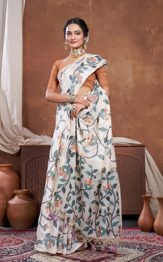 Woven Nakshi Floral Work Soft Jamdani Saree in Off White, Green and Multicolored