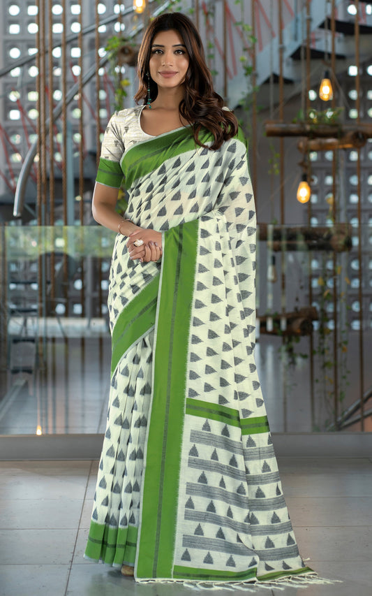 Designer Soft Jamdani Saree in Off White, Black and Green