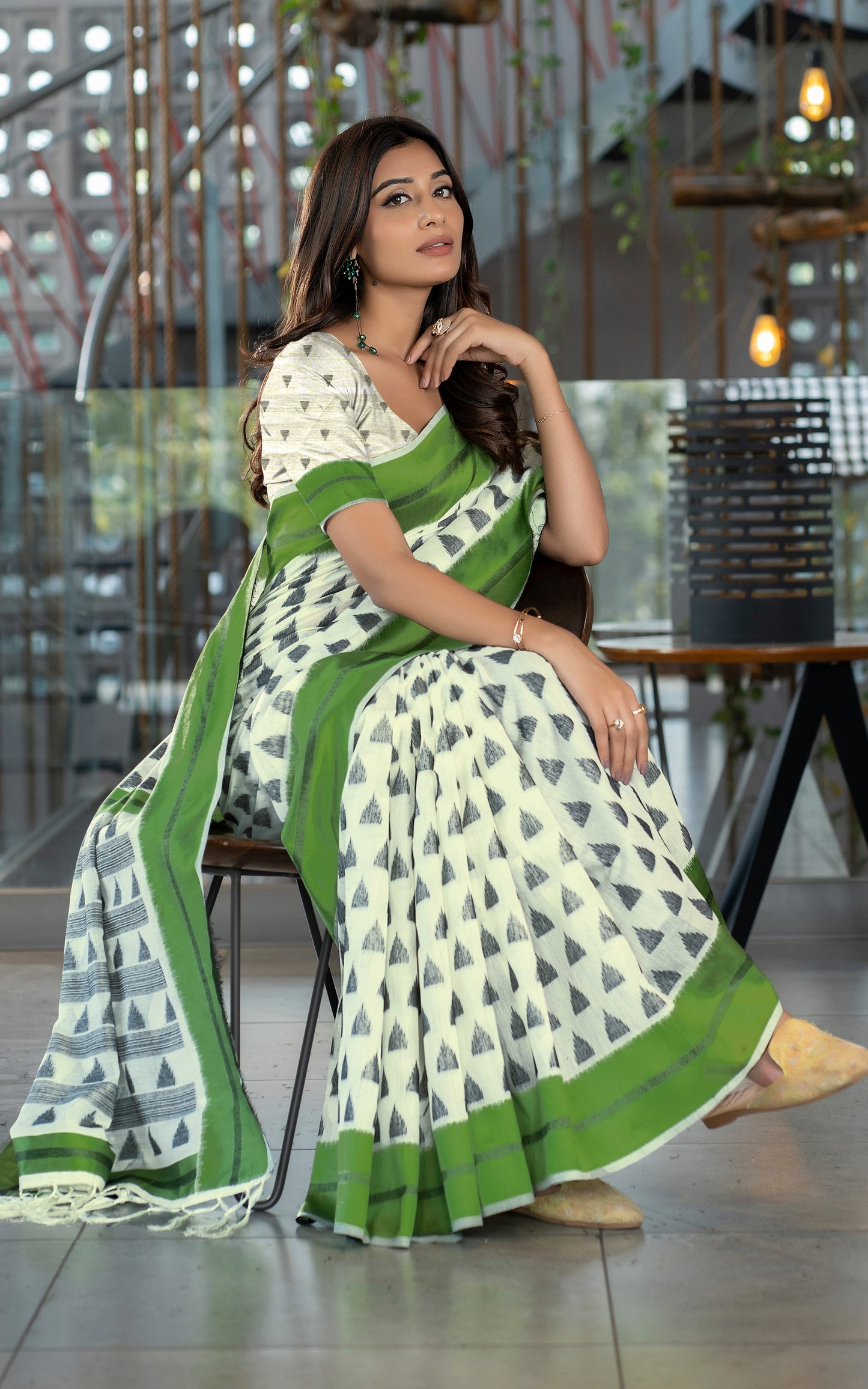 Designer Soft Jamdani Saree in Off White, Black and Green