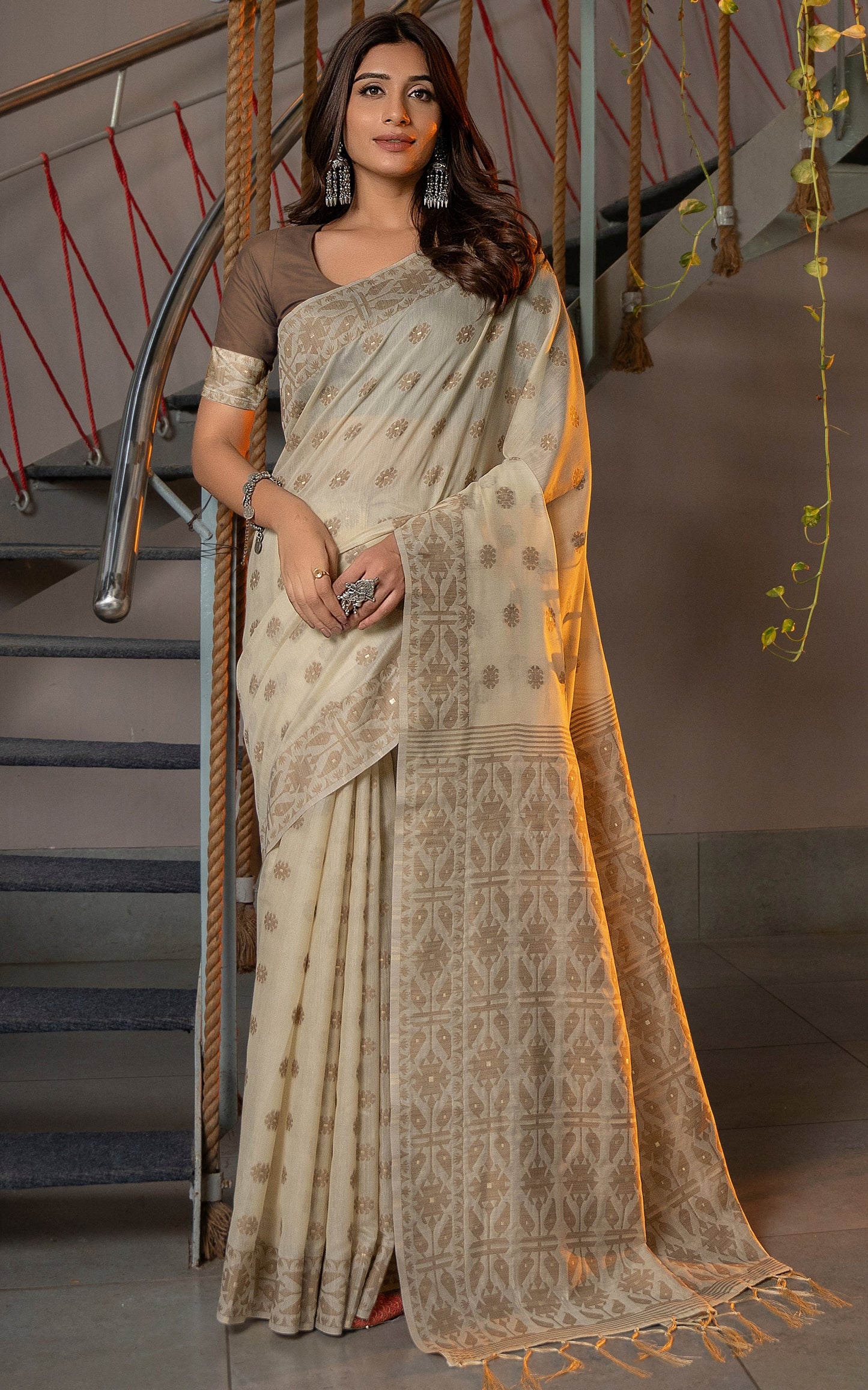 Tantuja Inspired Traditional Floral Nakshi Butta Work Soft Jamdani Saree in Royal Beige, Brown and Matt Golden