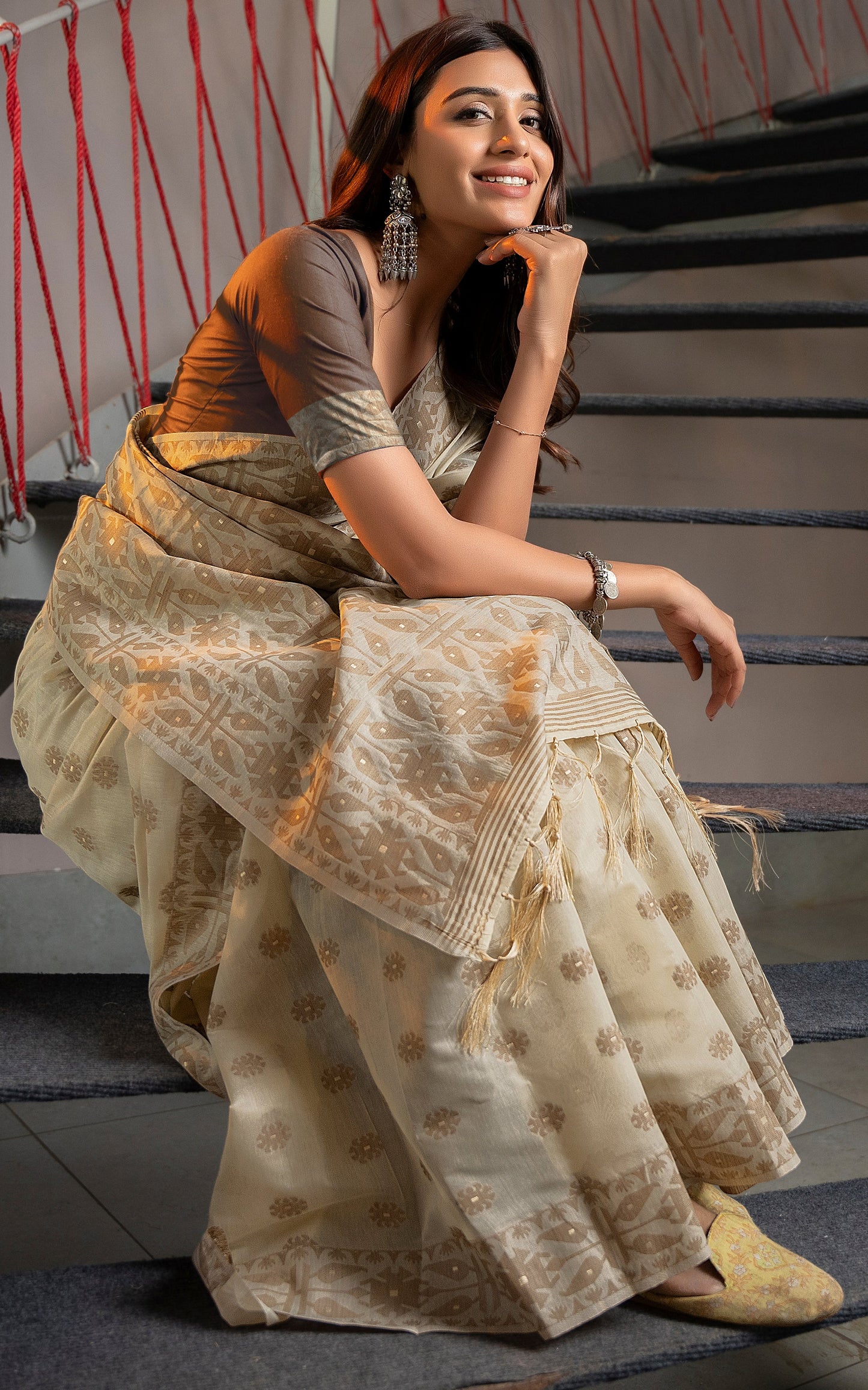 Tantuja Inspired Traditional Floral Nakshi Butta Work Soft Jamdani Saree in Royal Beige, Brown and Matt Golden