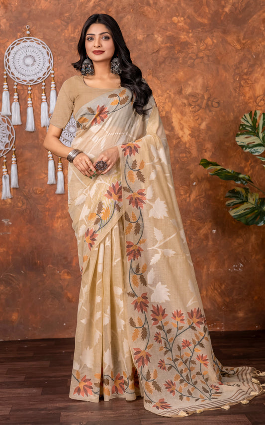Traditional Floral Nakshi Skirt Work Soft Jamdani Saree in Beige, Off White and Multicolored
