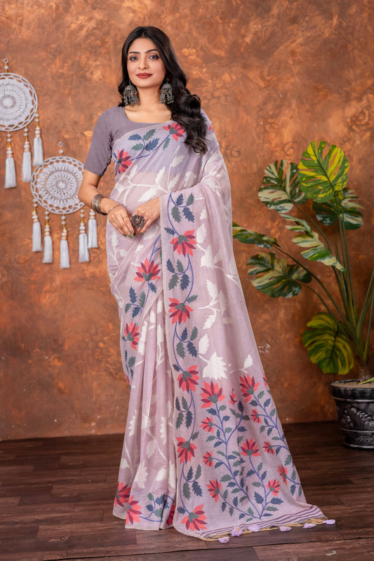 Traditional Floral Nakshi Skirt Work Soft Jamdani Saree in Lavender, Off White and Multicolored