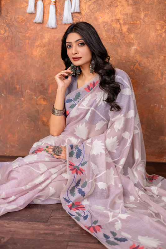 Traditional Floral Nakshi Skirt Work Soft Jamdani Saree in Lavender, Off White and Multicolored