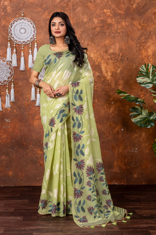 Traditional Floral Nakshi Skirt Work Soft Jamdani Saree in Pista Green, Off White and Multicolored
