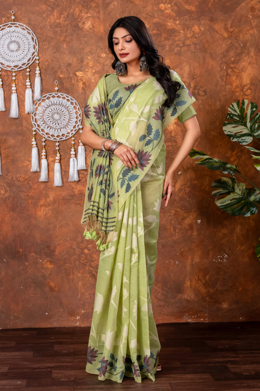 Traditional Floral Nakshi Skirt Work Soft Jamdani Saree in Pista Green, Off White and Multicolored