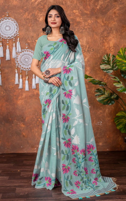 Traditional Floral Nakshi Skirt Work Soft Jamdani Saree in Pastel Blue, Off White and Multicolored