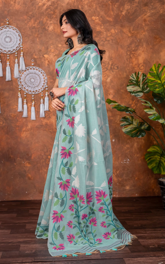 Traditional Floral Nakshi Skirt Work Soft Jamdani Saree in Pastel Blue, Off White and Multicolored