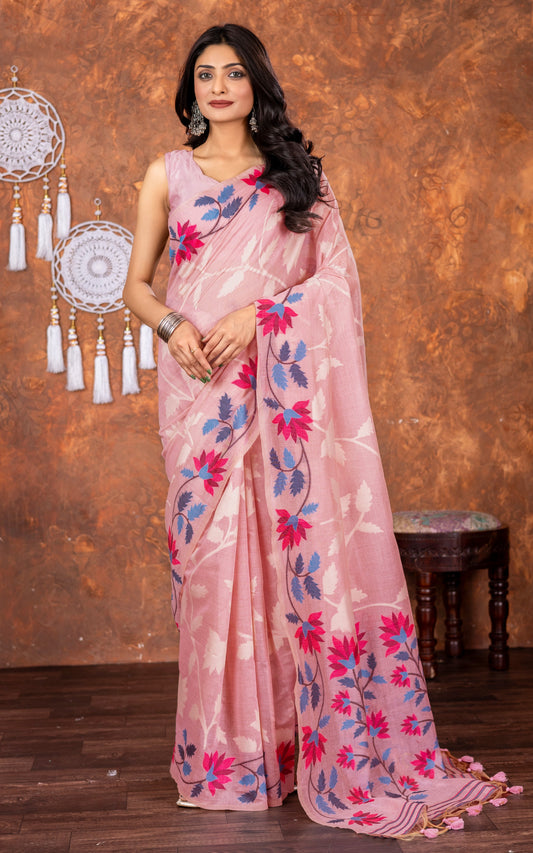 Traditional Floral Nakshi Skirt Work Soft Jamdani Saree in Pastel Pink, Off White and Multicolored