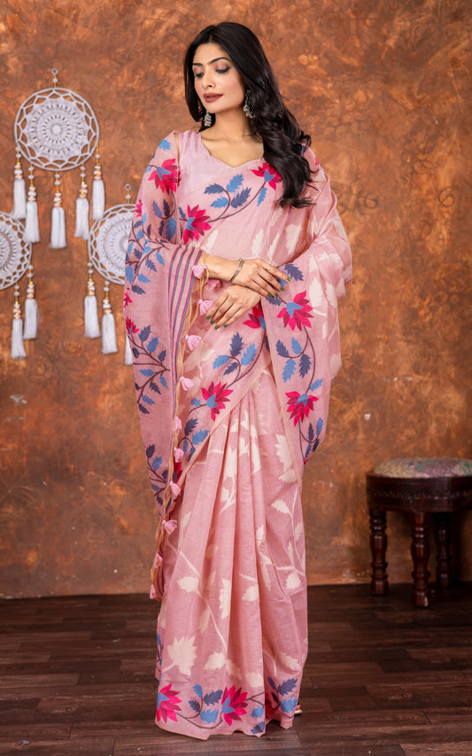 Traditional Floral Nakshi Skirt Work Soft Jamdani Saree in Pastel Pink, Off White and Multicolored