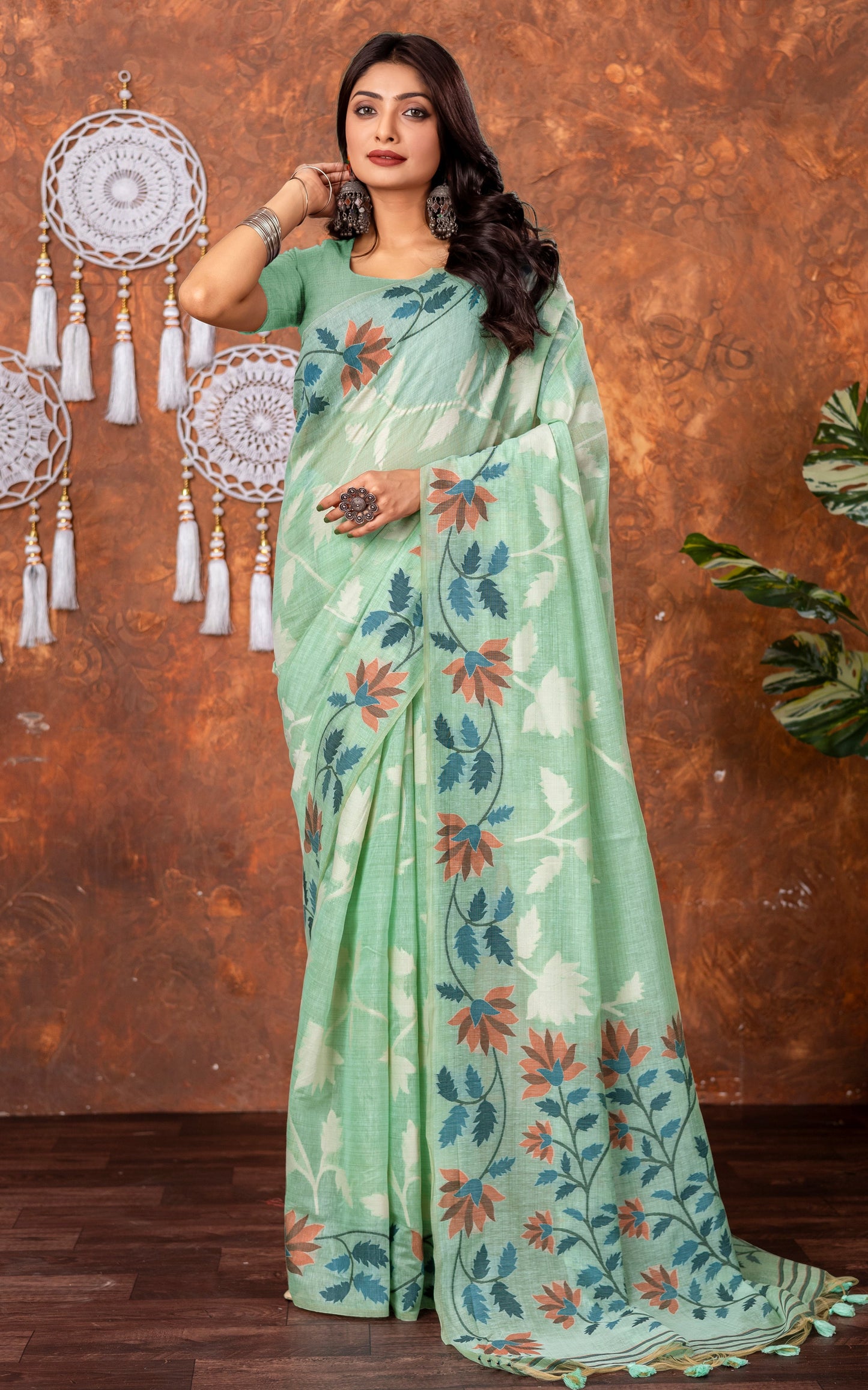 Traditional Floral Nakshi Skirt Work Soft Jamdani Saree in Sea Green, Off White and Multicolored