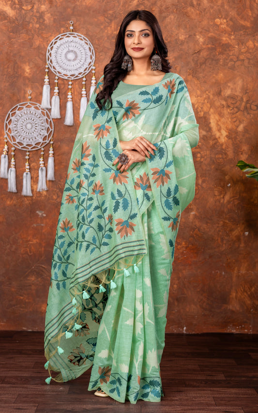 Traditional Floral Nakshi Skirt Work Soft Jamdani Saree in Sea Green, Off White and Multicolored
