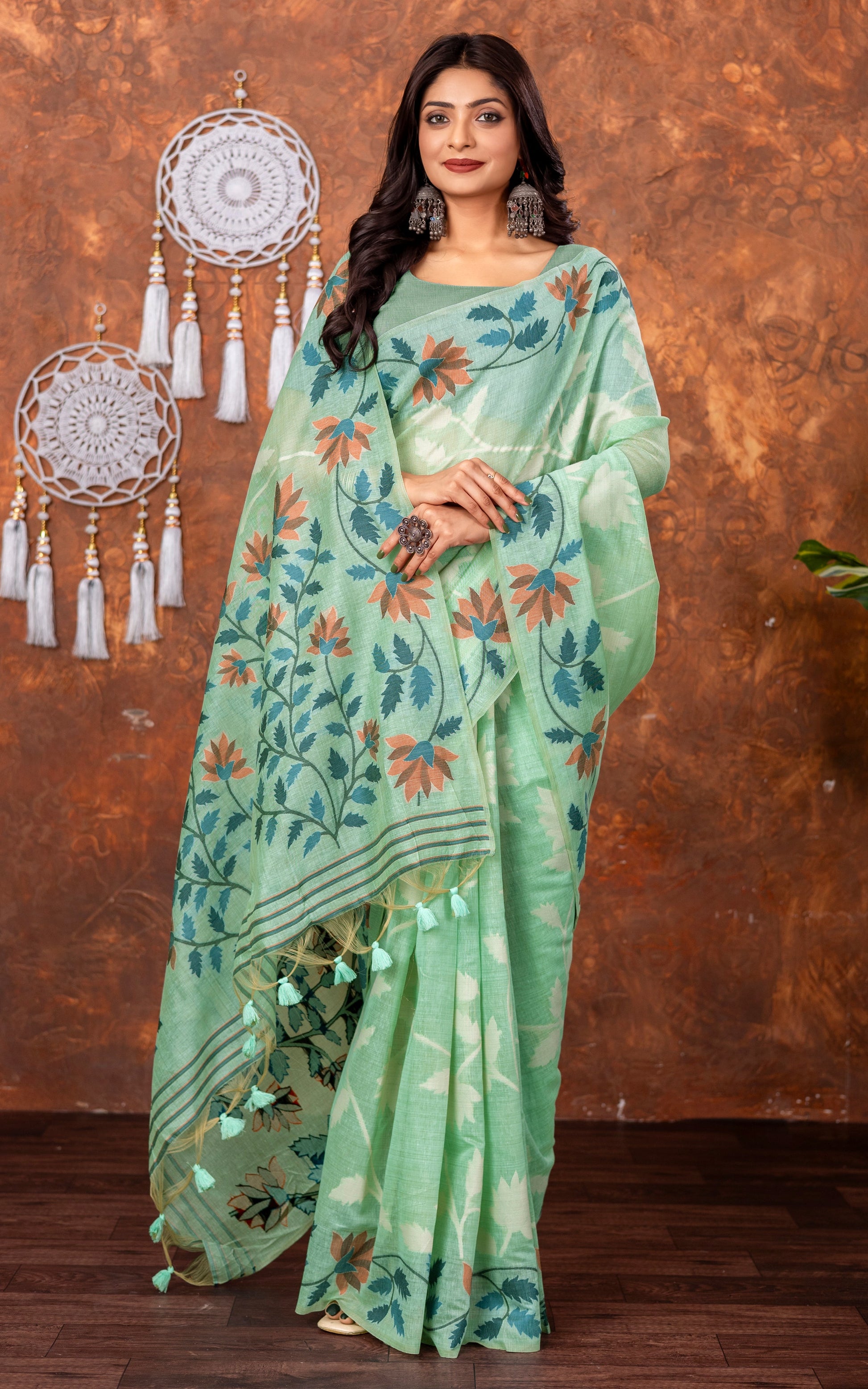 Traditional Floral Nakshi Skirt Work Soft Jamdani Saree in Sea Green, Off White and Multicolored
