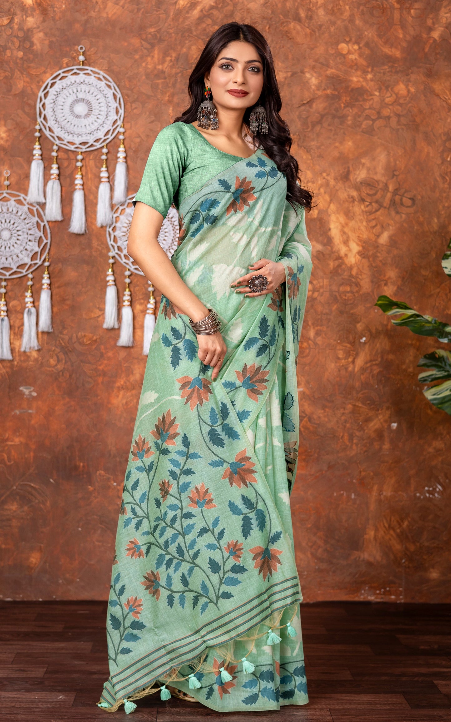 Traditional Floral Nakshi Skirt Work Soft Jamdani Saree in Sea Green, Off White and Multicolored
