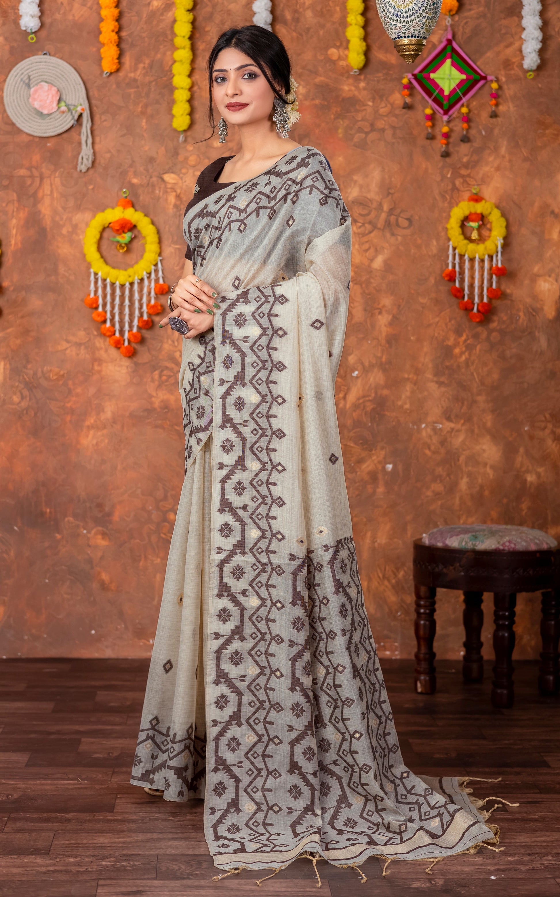 Tantuja Inspired Traditional Karat Needle Nakshi Jaal Work Soft Jamdani Saree in Beige, Chocolate Brown and Matte Golden