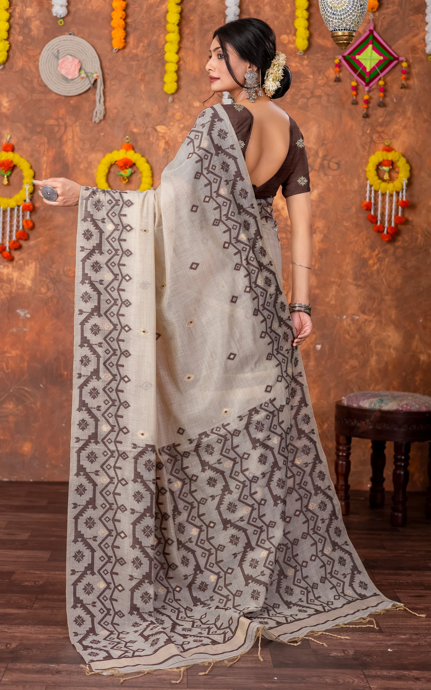 Tantuja Inspired Traditional Karat Needle Nakshi Jaal Work Soft Jamdani Saree in Beige, Chocolate Brown and Matte Golden