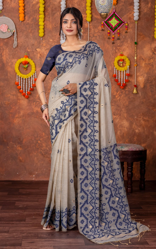 TantujTantuja Inspired Traditional Karat Needle Nakshi Jaal Work Soft Jamdani Saree in Beige, Navy Blue and Matte Goldena InsTantuja Inspired Traditional Karat Needle Nakshi Jaal Work Soft Jamdani Saree in Beige, Navy Blue and Matte Goldenpired Traditional Karat Needle Nakshi Jaal Work Soft Jamdani Saree in Beige, Navy Blue and Matte Golden