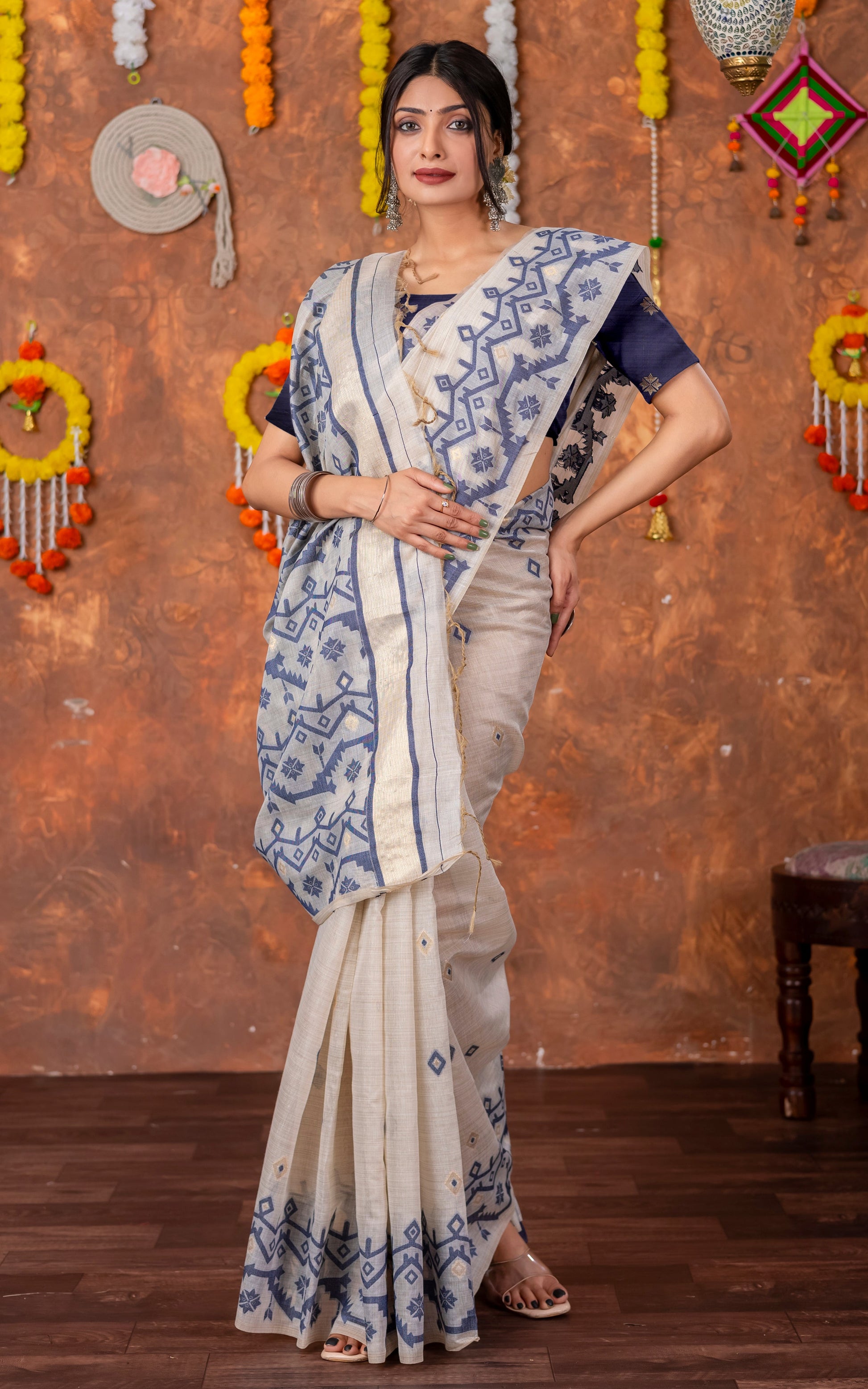 Tantuja Inspired Traditional Karat Needle Nakshi Jaal Work Soft Jamdani Saree in Beige, Navy Blue and Matte Golden