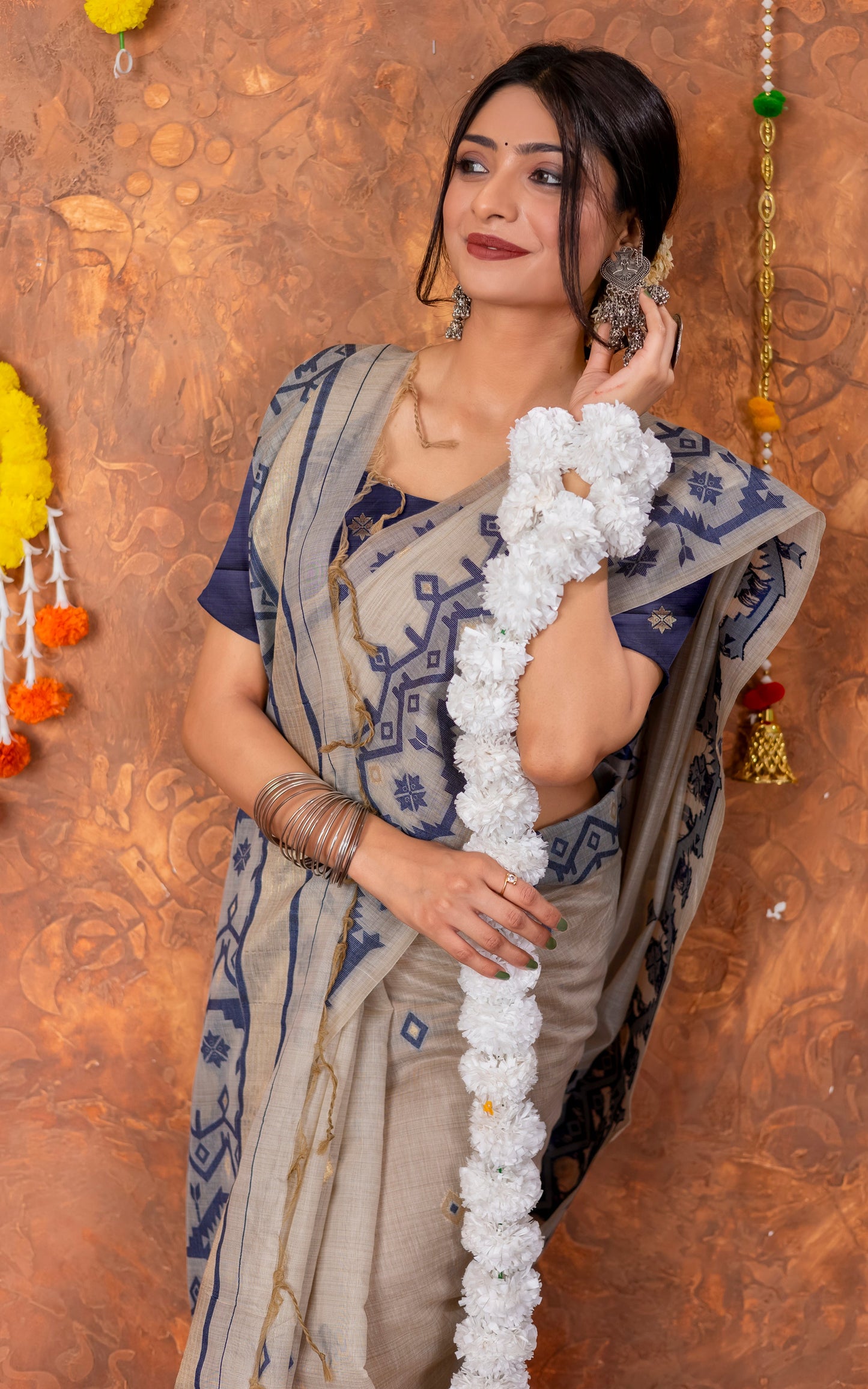 Tantuja Inspired Traditional Karat Needle Nakshi Jaal Work Soft Jamdani Saree in Beige, Navy Blue and Matte Golden