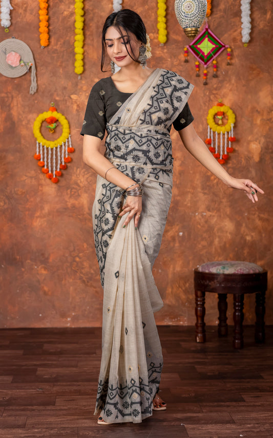 Tantuja Inspired Traditional Karat Needle Nakshi Jaal Work Soft Jamdani Saree in Beige, Black and Matte Golden 