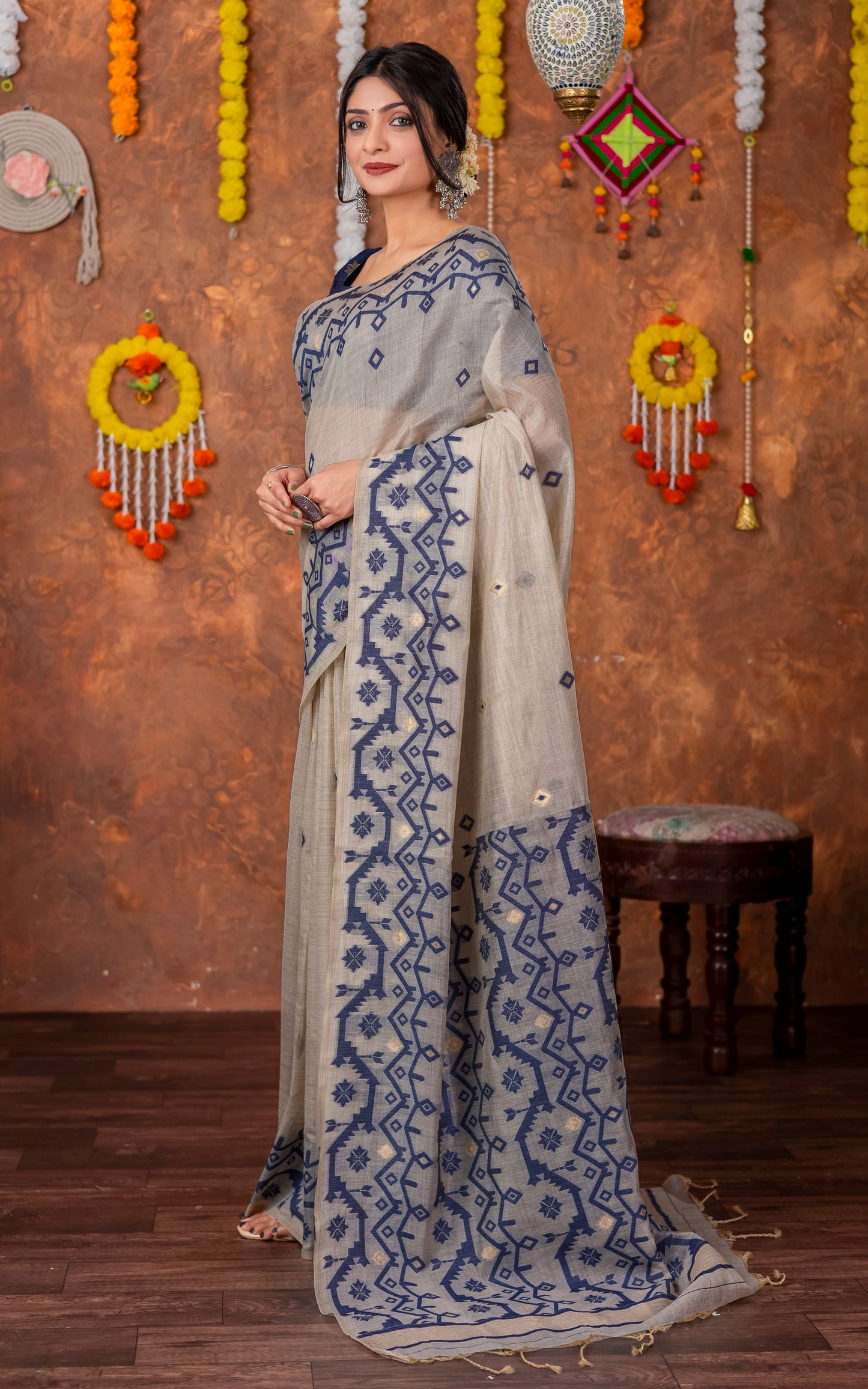 Tantuja Inspired Traditional Karat Needle Nakshi Jaal Work Soft Jamdani Saree in Beige, Navy Blue and Matte Golden