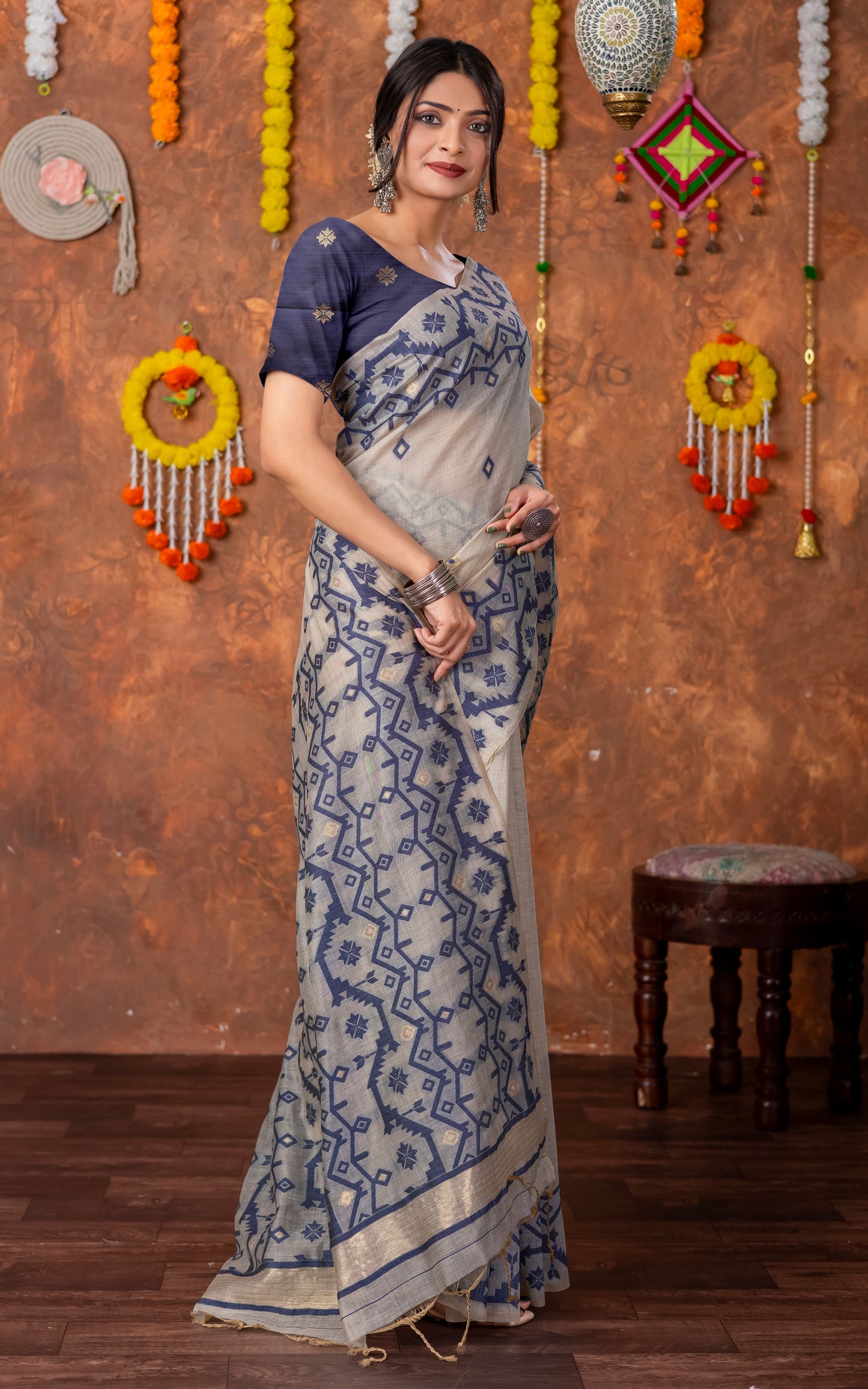 Tantuja Inspired Traditional Karat Needle Nakshi Jaal Work Soft Jamdani Saree in Beige, Navy Blue and Matte Golden