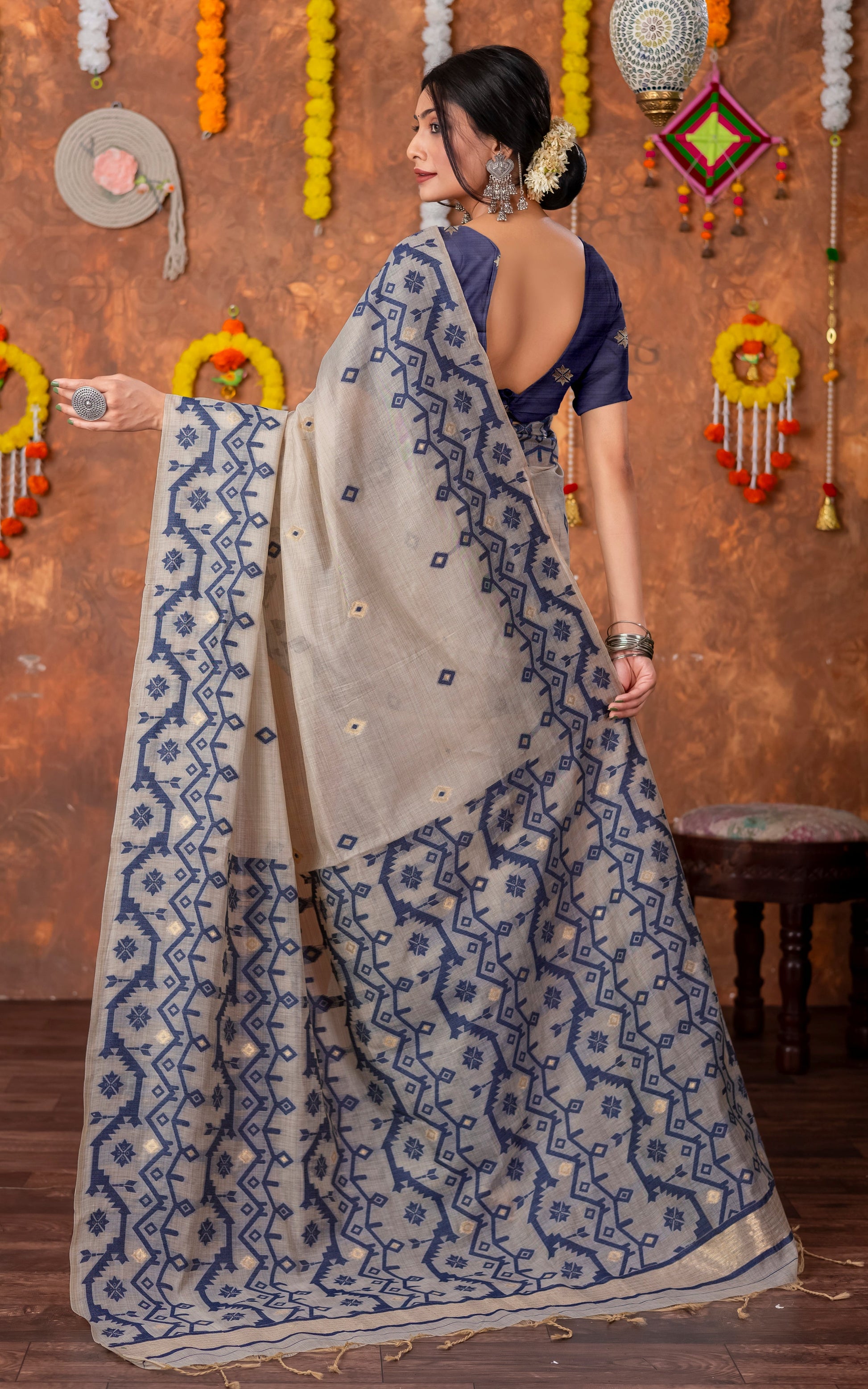 Tantuja Inspired Traditional Karat Needle Nakshi Jaal Work Soft Jamdani Saree in Beige, Navy Blue and Matte Golden