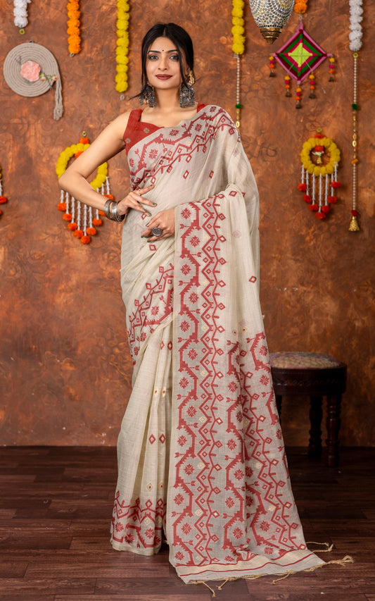Tantuja Inspired Traditional Karat Needle Nakshi Jaal Work Soft Jamdani Saree in Beige, Red and Matte Golden 