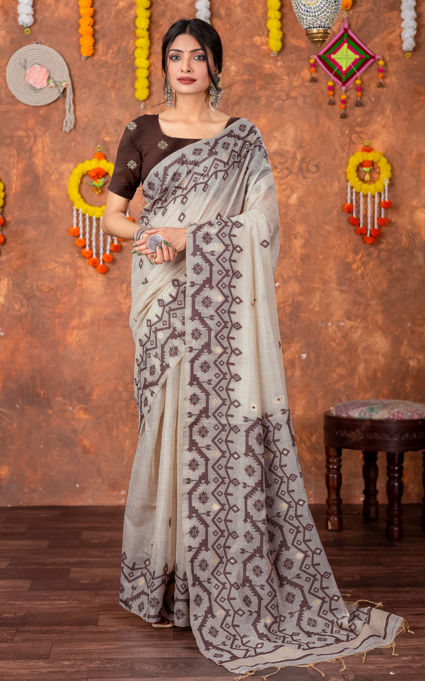 Tantuja Inspired Traditional Karat Needle Nakshi Jaal Work Soft Jamdani Saree in Beige, Chocolate Brown and Matte Golden