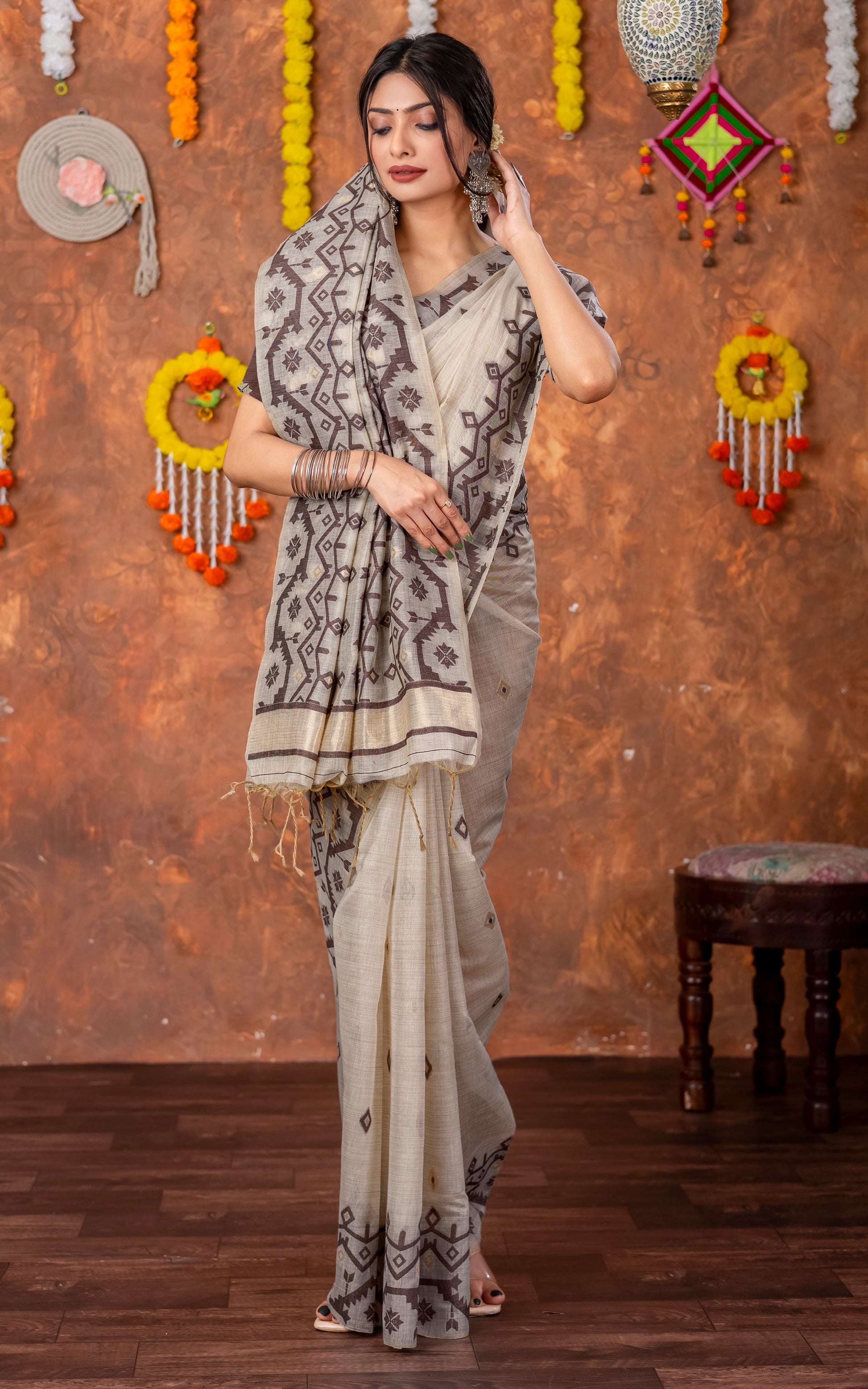Tantuja Inspired Traditional Karat Needle Nakshi Jaal Work Soft Jamdani Saree in Beige, Chocolate Brown and Matte Golden
