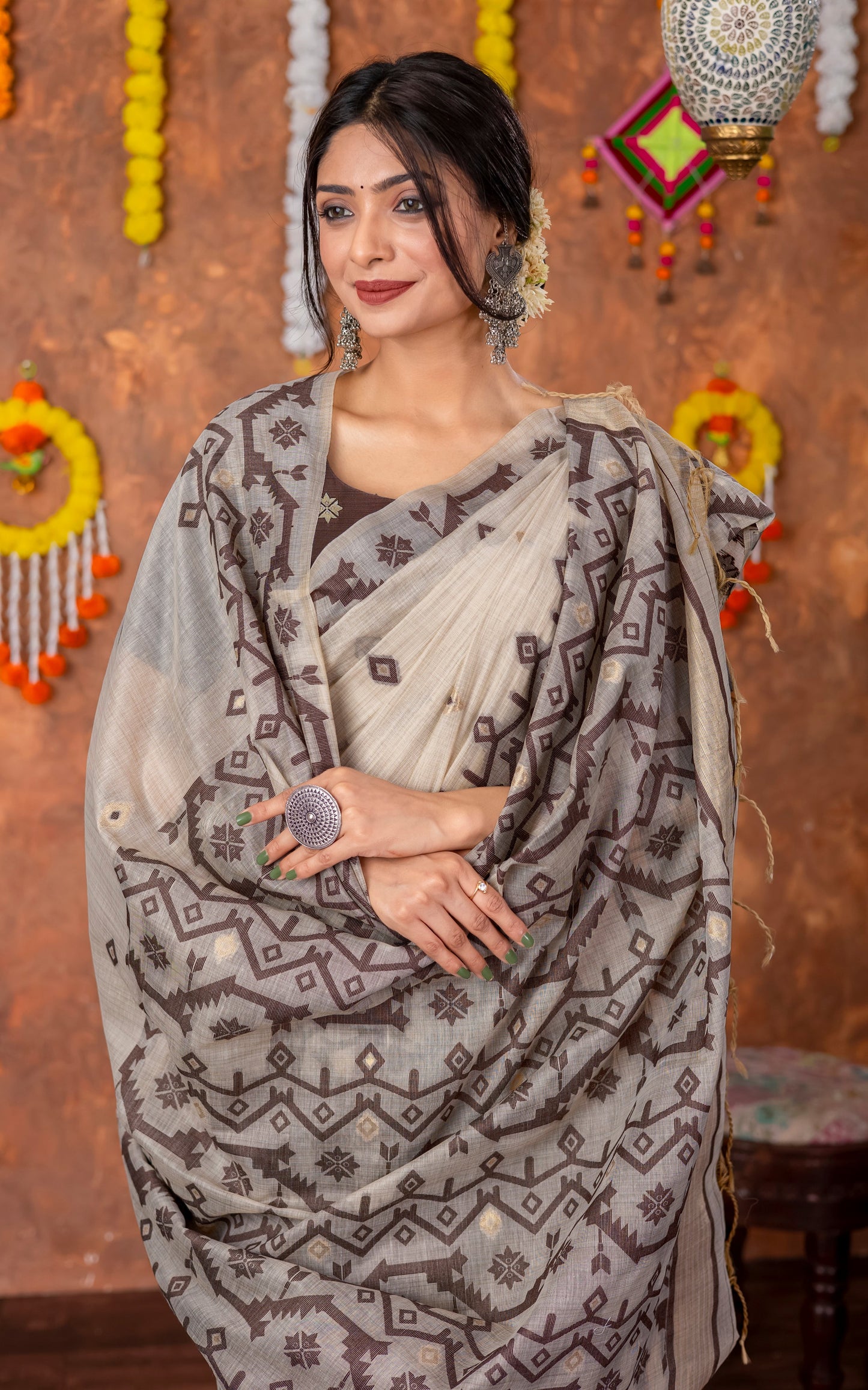 Tantuja Inspired Traditional Karat Needle Nakshi Jaal Work Soft Jamdani Saree in Beige, Chocolate Brown and Matte Golden