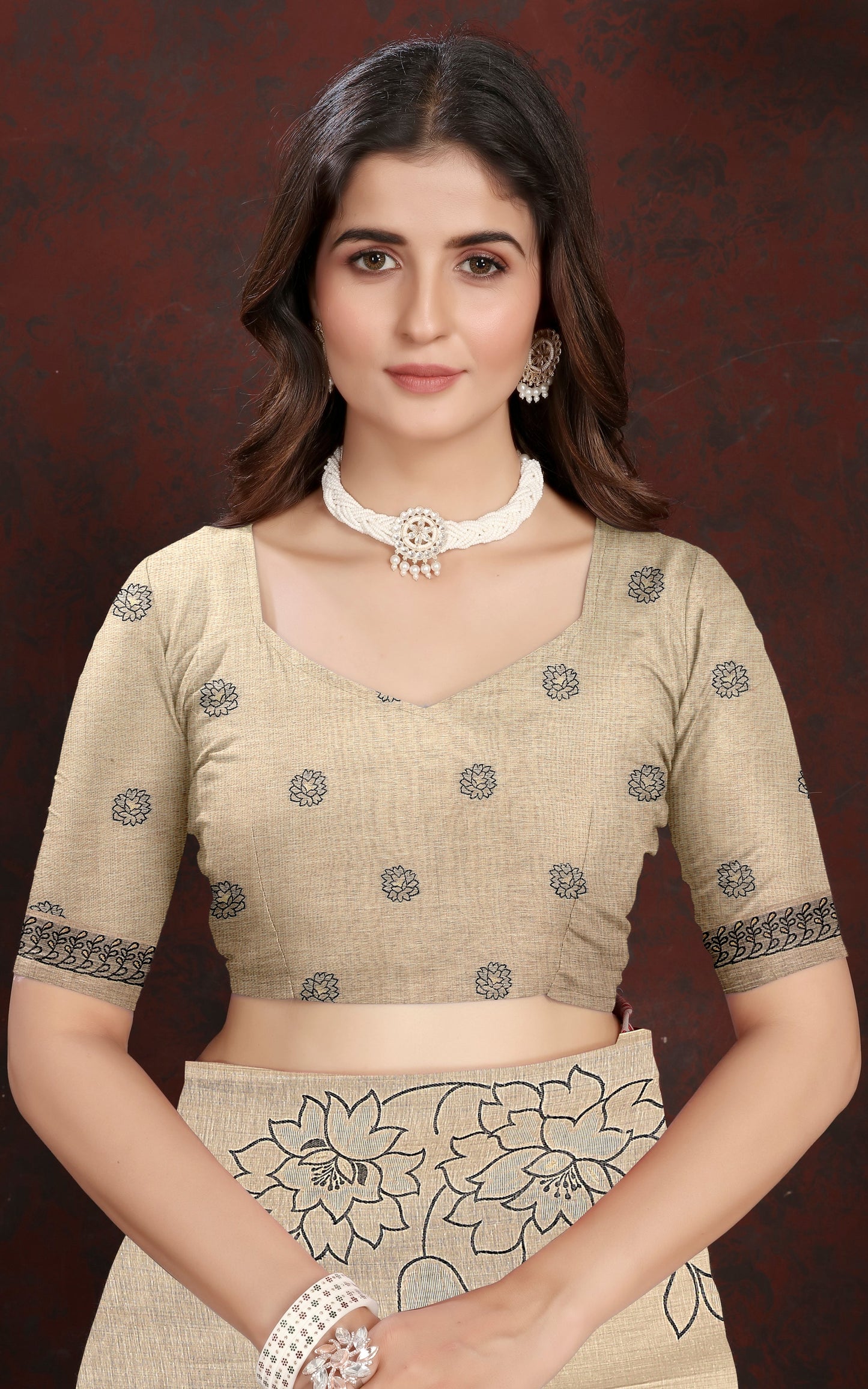 Floral Sketch Nakshi Woven Work Soft Jamdani Saree in Light Taupe and Black