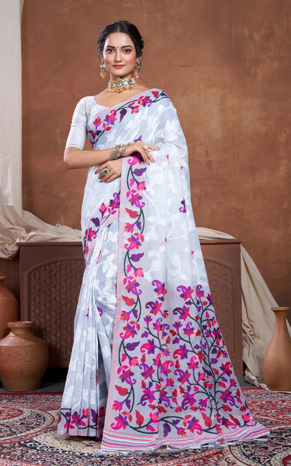 Minakari Inspired Traditional Woven Floral Nakshi Soft Jamdani Saree in Light Gray, Off White  and Multicolored