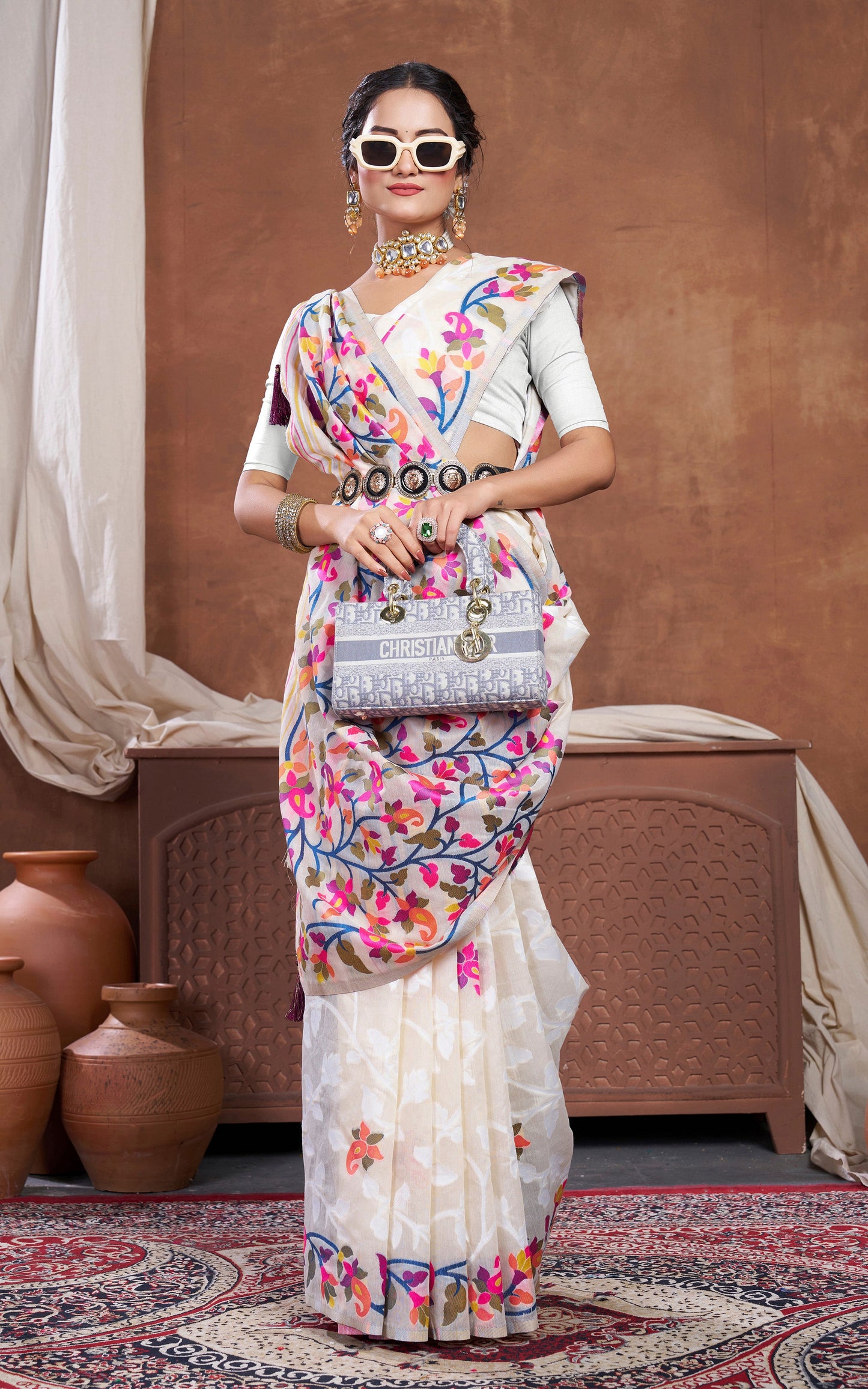 Minakari Inspired Traditional Woven Floral Nakshi Soft Jamdani Saree in Cream, Off White  and Multicolored