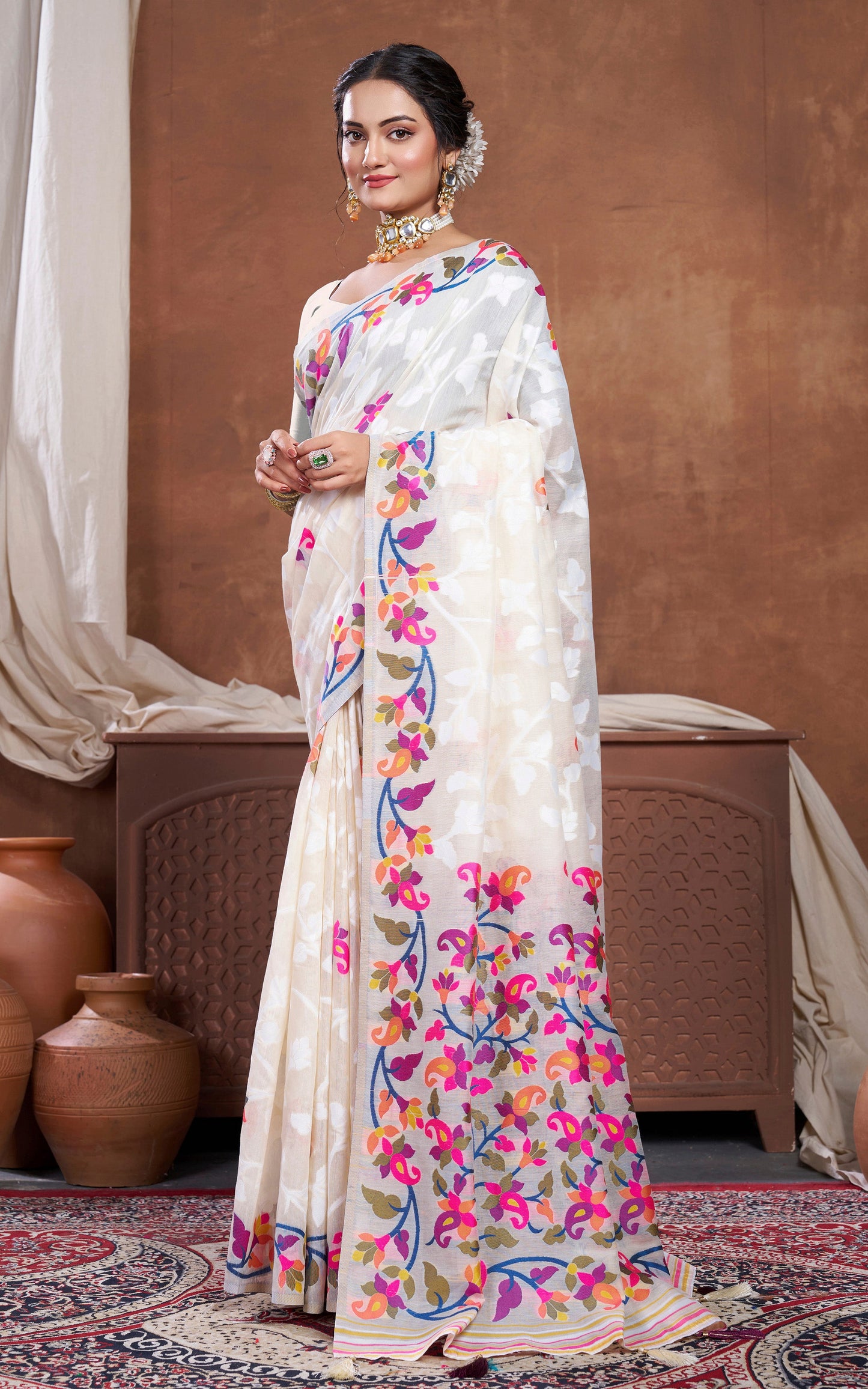 Minakari Inspired Traditional Woven Floral Nakshi Soft Jamdani Saree in Cream, Off White  and Multicolored