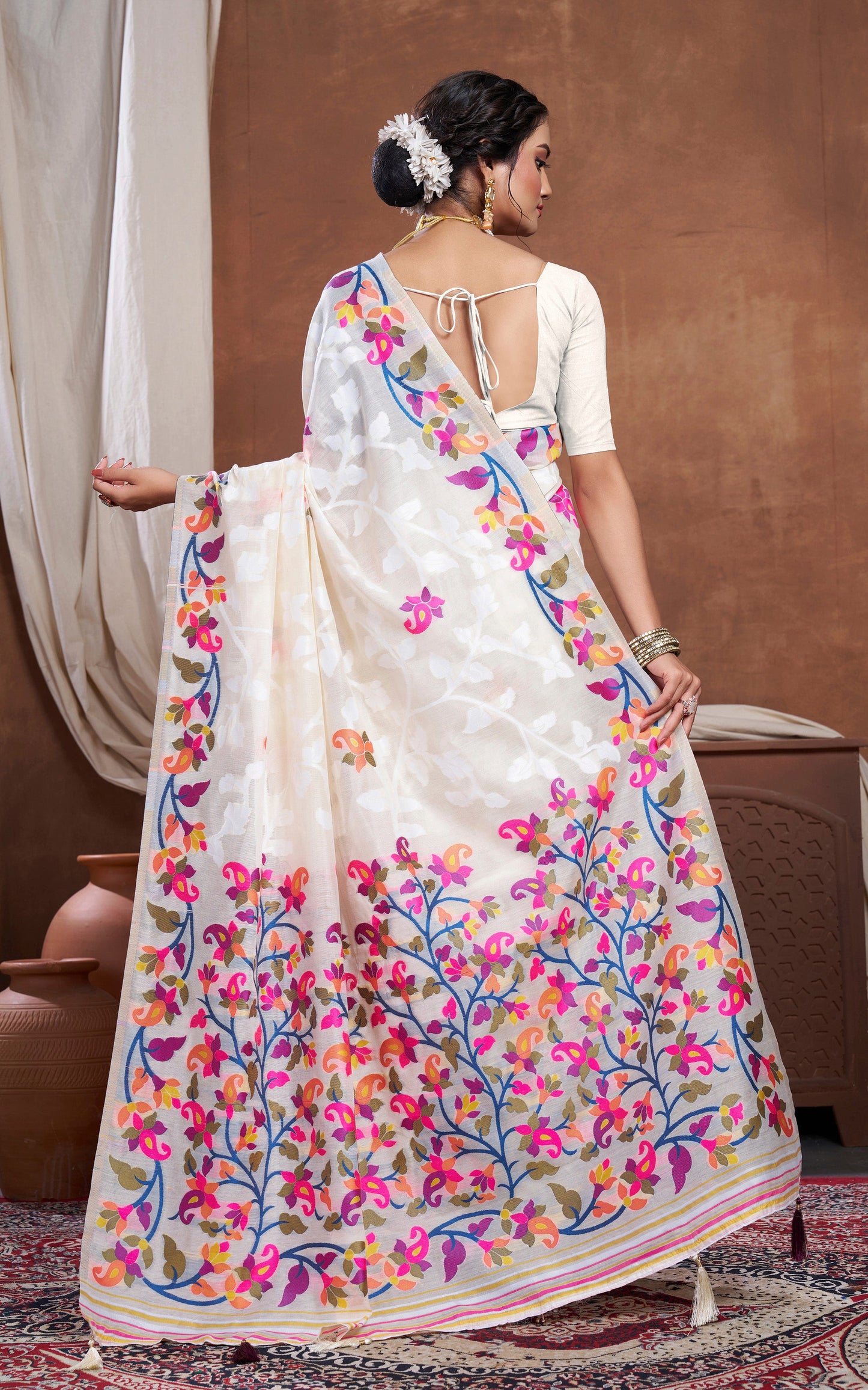 Minakari Inspired Traditional Woven Floral Nakshi Soft Jamdani Saree in Cream, Off White  and Multicolored
