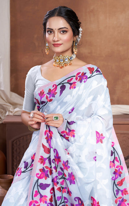 Minakari Inspired Traditional Woven Floral Nakshi Soft Jamdani Saree in Light Gray, Off White  and Multicolored